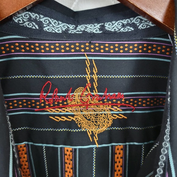Robert Graham Mens Shirt Size XL Black Orange Button Down Striped Flip Cuff - Picture 2 of 16